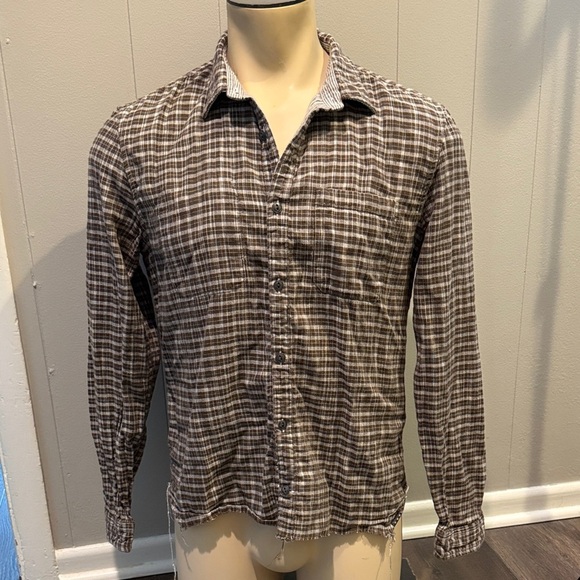 John Varvatos Men’s Medium Taupe Plaid Frayed Button-Down Shirt - Picture 1 of 6